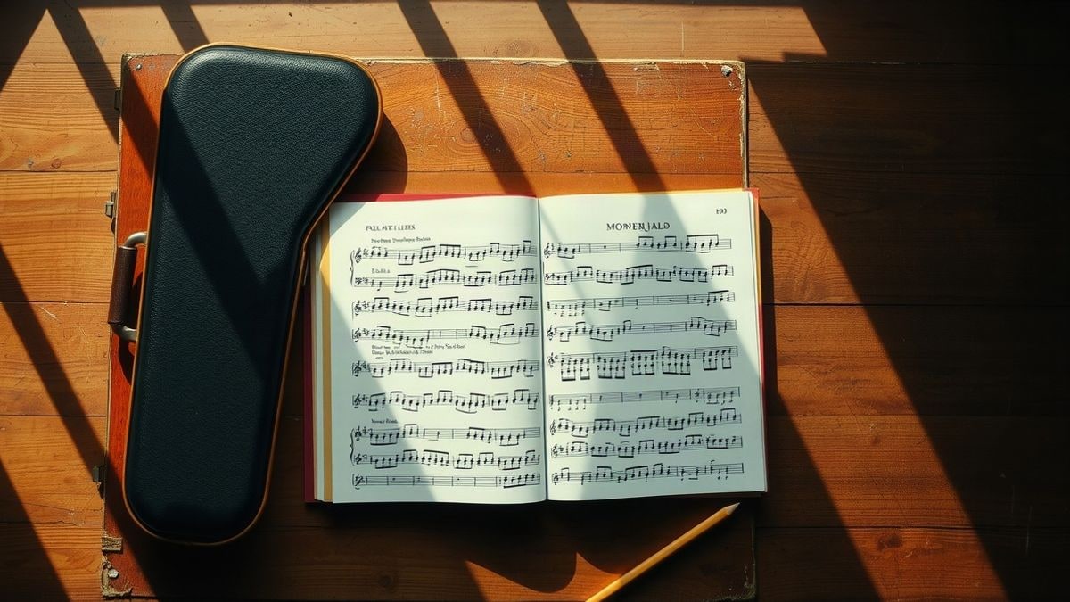 Imagen ilustrativa: una partitura abierta sobre una mesa de madera vista desde arriba, con un estuche de violín cerrado al lado