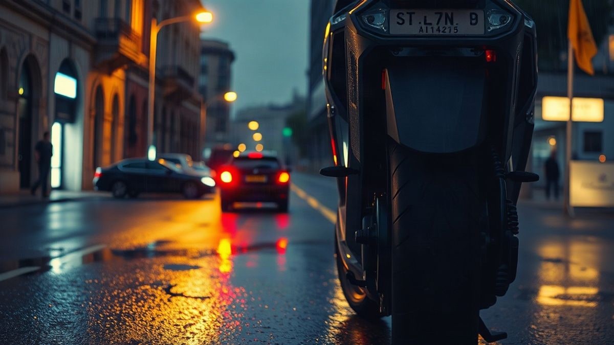 Imagen ilustrativa: calle urbana de noche con una moto aparcada y el asfalto mojado reflejando luces