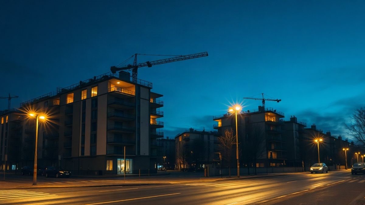 Imagen ilustrativa: edificios de viviendas en construcción iluminados por farolas en una escena nocturna