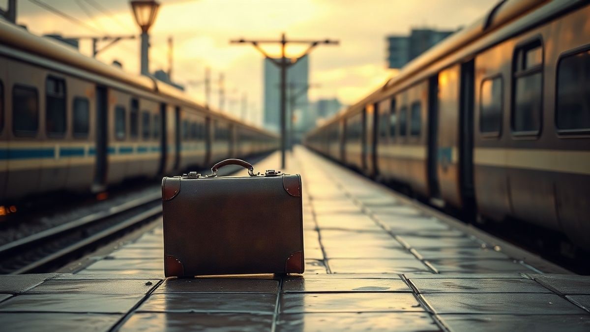 Illustrative image: a small suitcase on a wet platform at sunset, with plenty of free space around.