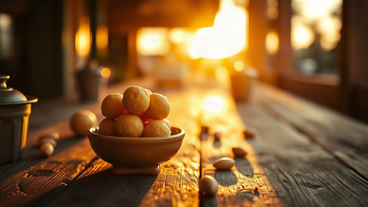 Illustrative image: a plate of marzipan sweets with pine nuts on a wooden table, backlit at sunset