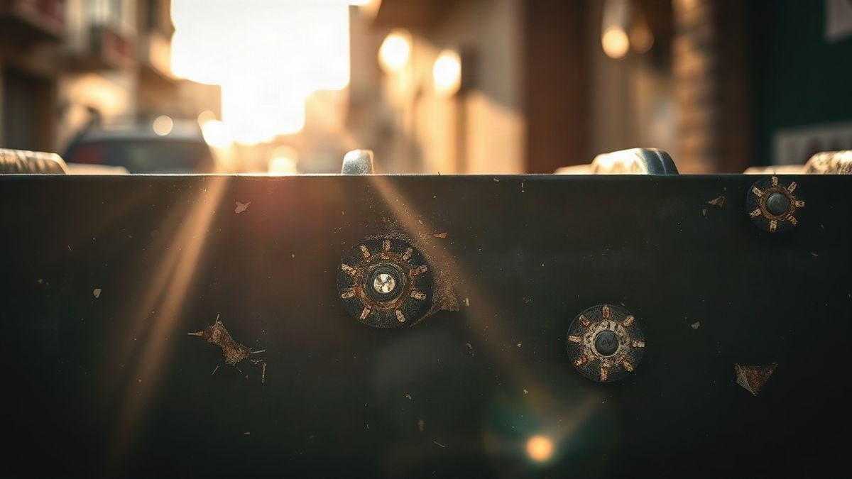 Illustrative image: close-up of a metal plate with bullet impacts under sunset light