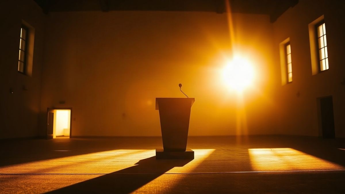 Illustrative image: silhouette of an empty podium in an institutional hall at sunset