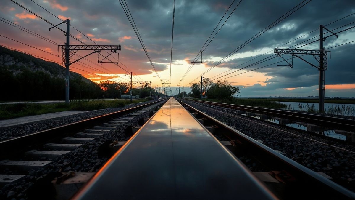 Imagen ilustrativa: vías de tren inundadas con cables aéreos que se alejan bajo un cielo de tormenta al atardecer