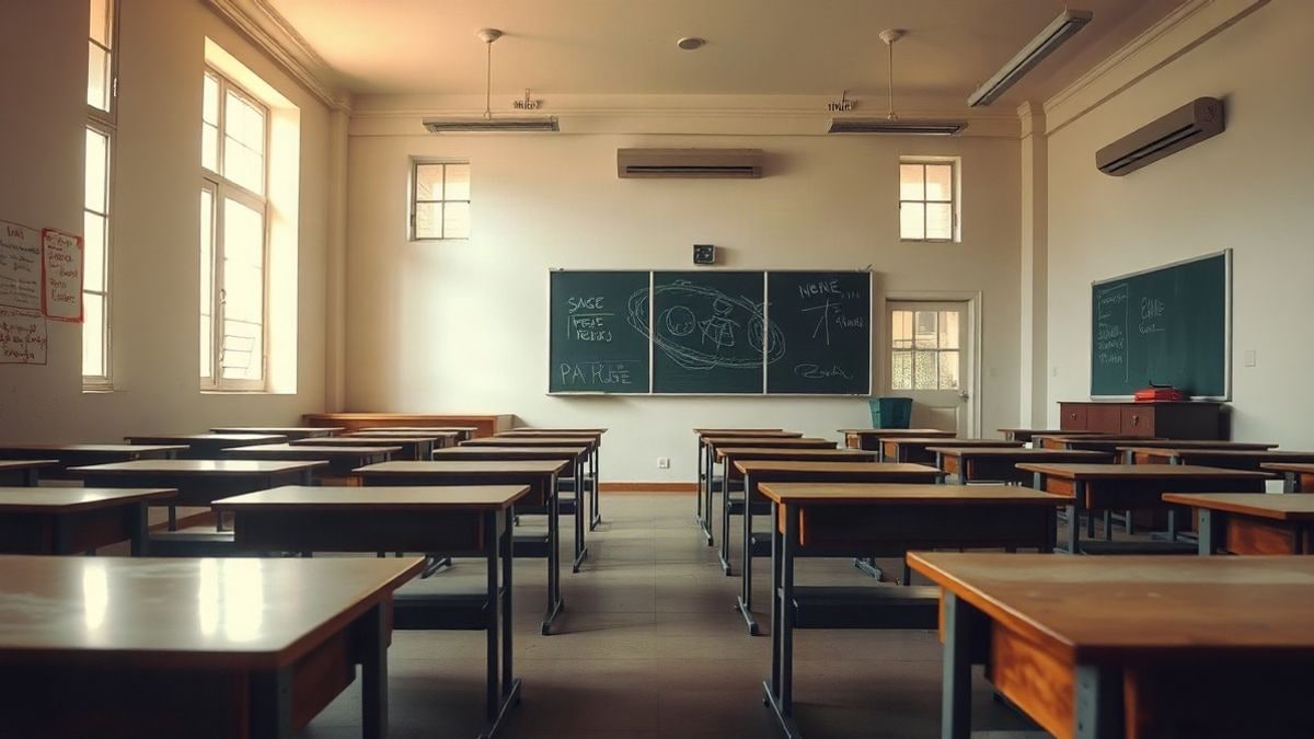 Imagen ilustrativa: aula vacía con pupitres de madera alineados hacia una pizarra bajo luz de tarde