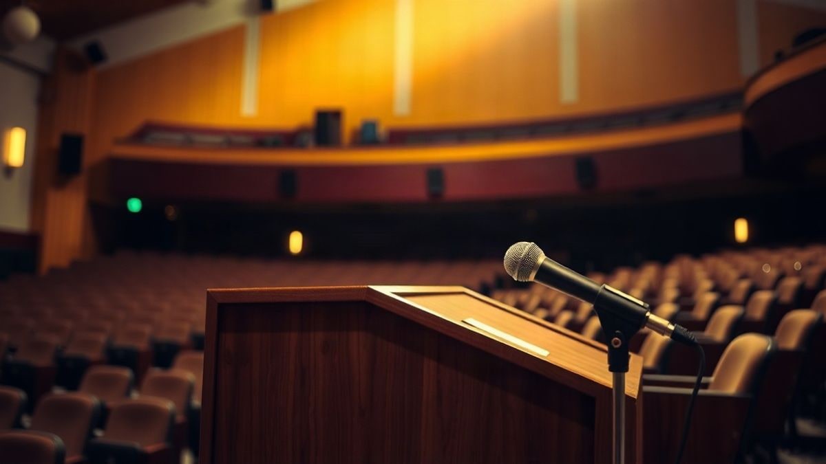 Imagen ilustrativa: primer plano de un atril con micrófono en un auditorio vacío