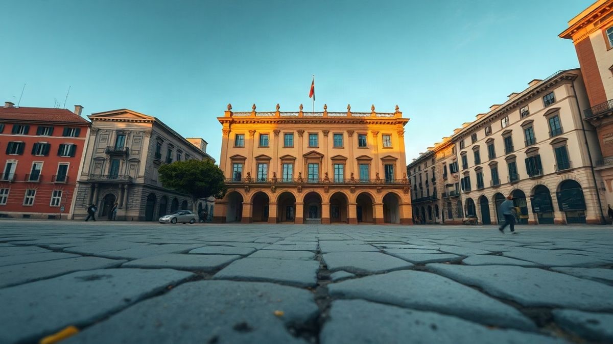 Illustrative image: low angle of a cobbled square with an institutional building in the background