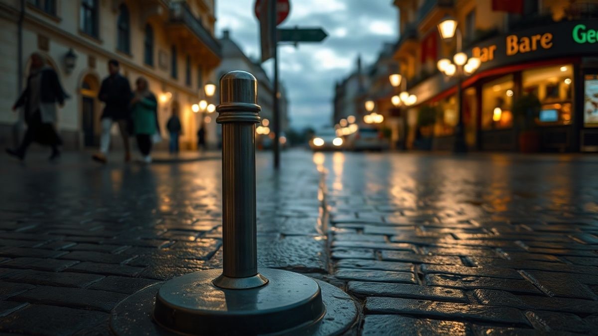 Illustrative image: wet cobblestone pavement viewed from the ground, with a sunset sky in the background