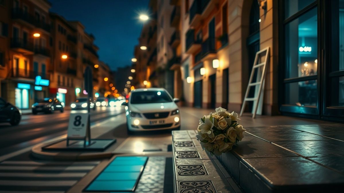Illustrative image: a residential building entrance lit by street lamps at dusk, with a small bouquet of white flowers on a step