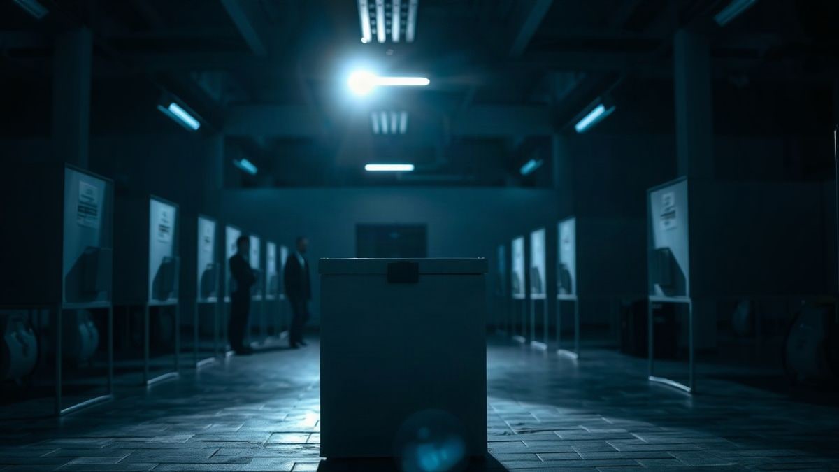 Imagen ilustrativa: urnas y cabinas electorales vacías en un colegio bajo luz artificial