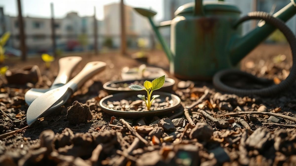 Imagen ilustrativa: herramientas de jardinería y una regadera sobre tierra seca en un huerto urbano