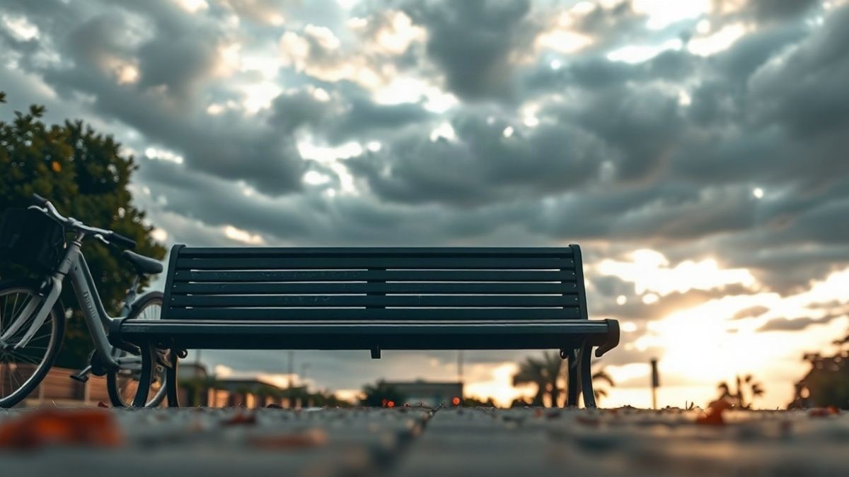 Illustrative image: empty bench in an urban park with a bike resting and cloudy sky