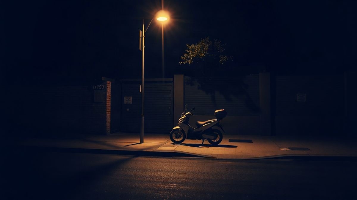 Imagen ilustrativa: una calle vacía de noche con una moto aparcada y una farola encendida