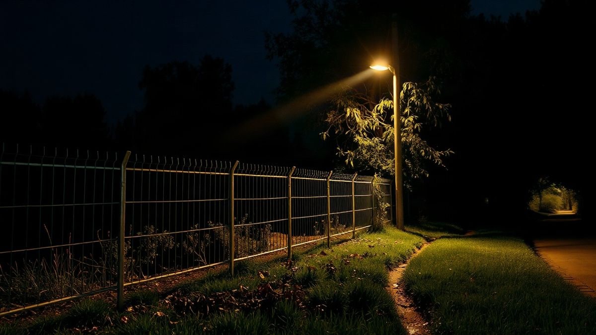 Illustrative image: metal fence next to a forest edge illuminated by a streetlight at night