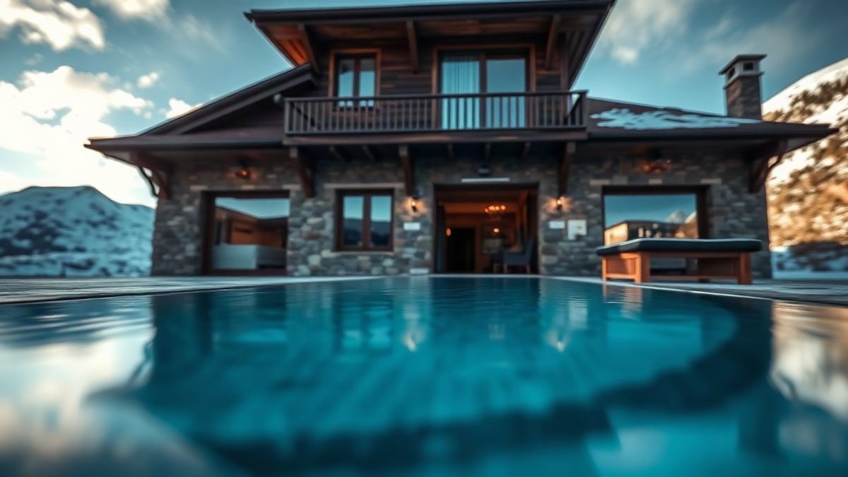Imagen ilustrativa: fachada de una casa de piedra y madera en la montaña, con una piscina y picos nevados al fondo