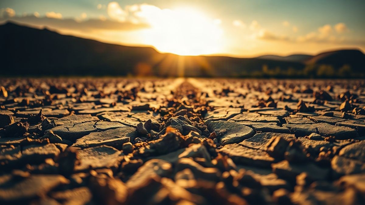 Imagen ilustrativa: un campo de tierra seca y agrietada bajo un cielo abierto al atardecer