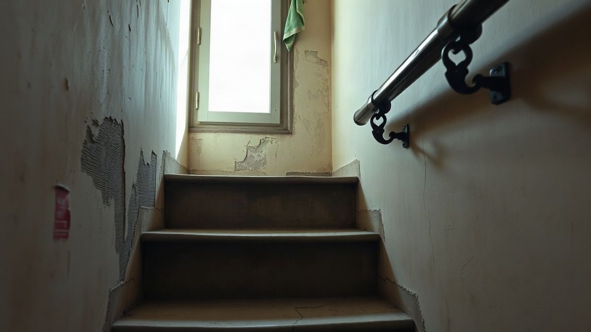 Illustrative image: detail of a worn concrete staircase and a metal railing in an old entrance