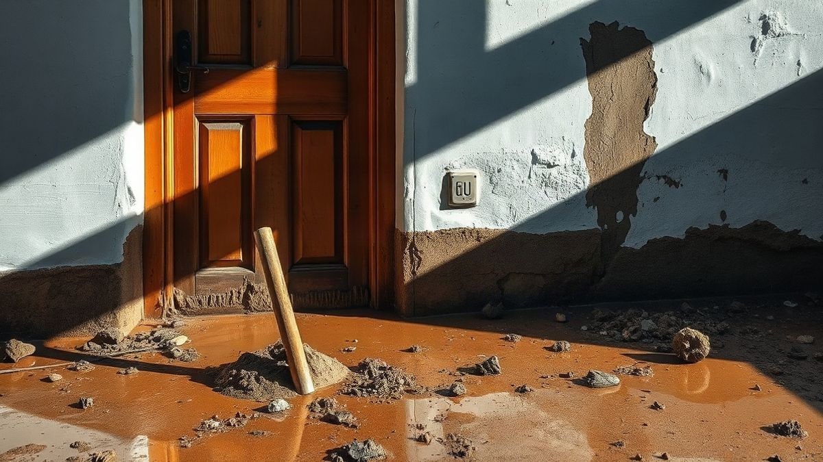 Illustrative image: wooden door of a low house with a dry watermark on the wall and mud on the ground at sunset