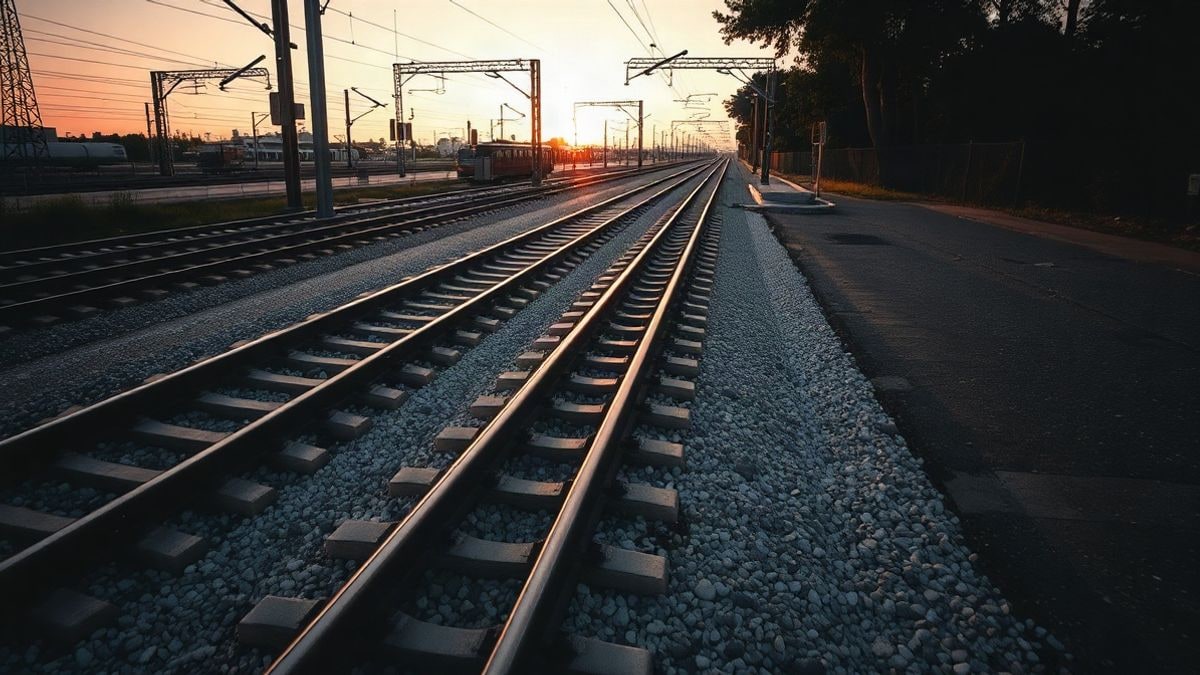 Imagen ilustrativa: vista cenital de vías de tren y balasto de grava al atardecer