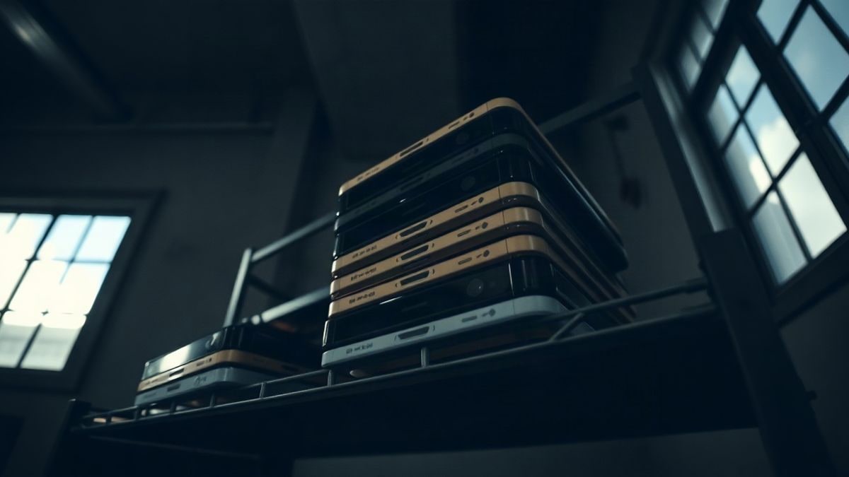 Imagen ilustrativa: teléfonos móviles apilados en una estantería metálica en una habitación de almacenamiento