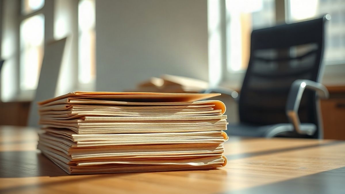 Imagen ilustrativa: carpetas administrativas apiladas sobre una mesa de madera en un despacho vacío con luz de ventana.