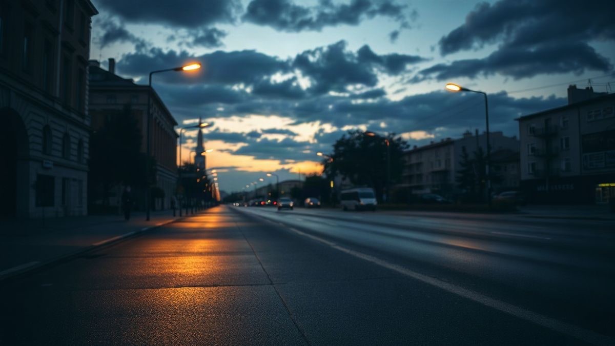 Illustrative image: empty urban street at sunset with streetlights and wet asphalt in perspective