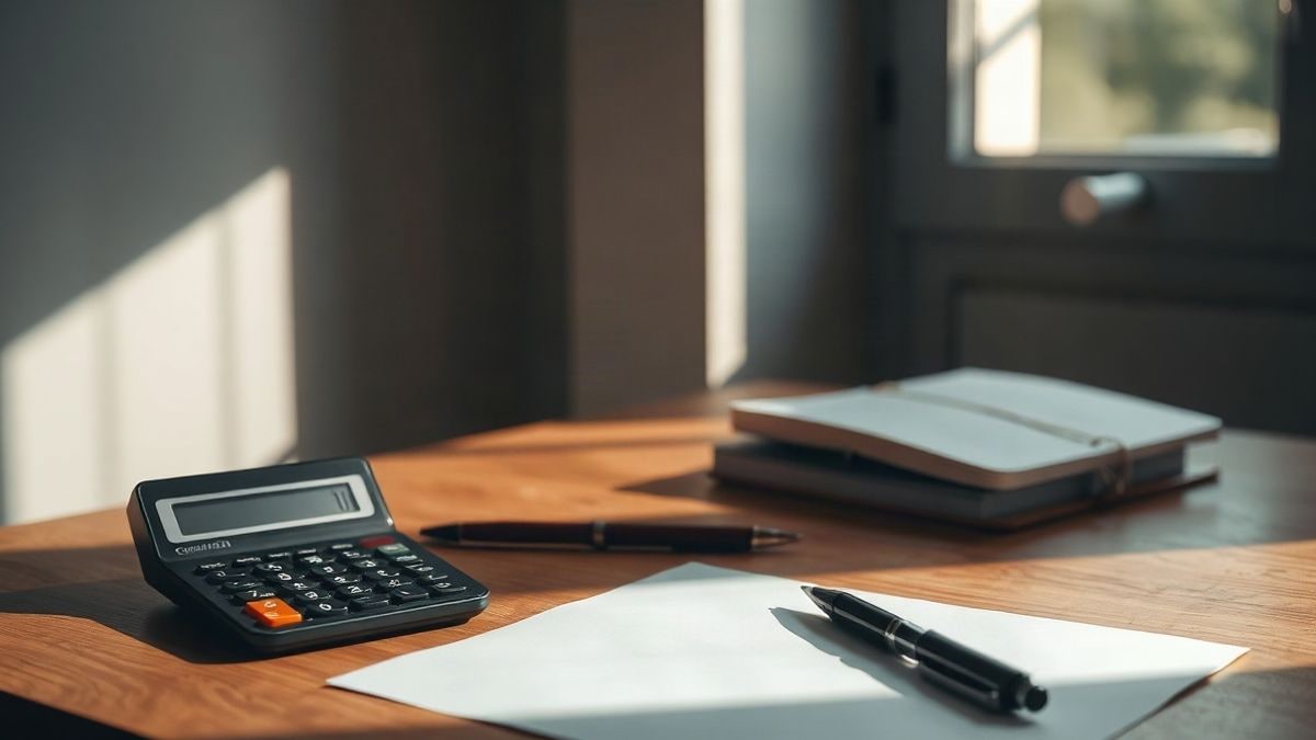 Illustrative image: desk with calculator and documents next to a window