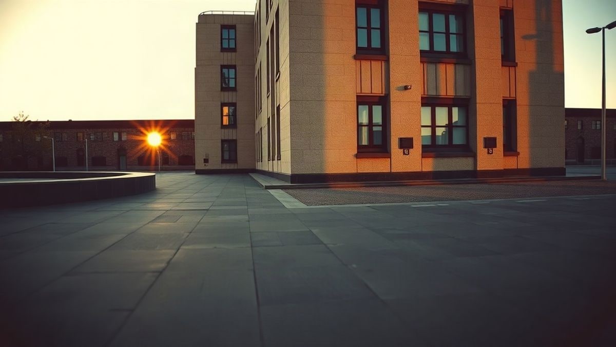 Illustrative image: facade of a stone institutional building at sunset, with long shadows over an empty square