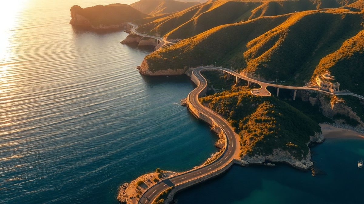 Imagen ilustrativa: carretera costera sinuosa junto al mar al atardecer, con colinas verdes al fondo