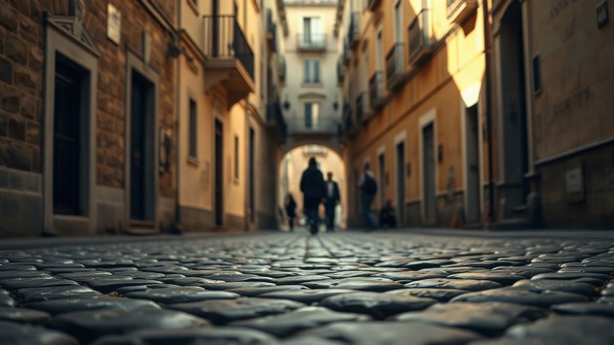 Imagen ilustrativa: calle estrecha de casco antiguo con adoquines y luz de tarde, sin personas identificables