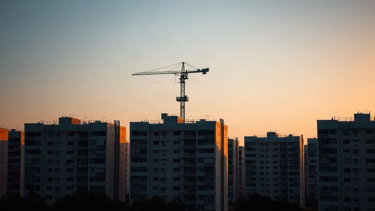 Illustrative image: a crane silhouetted against the sunset sky over generic housing blocks