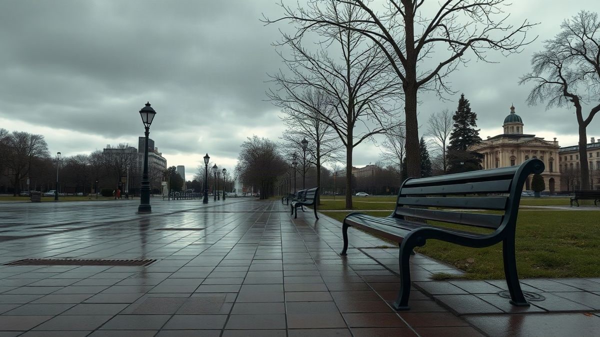 Imagen ilustrativa: un parque urbano genérico con bancos vacíos y pavimento húmedo tras una lluvia ligera, bajo un cielo nublado.