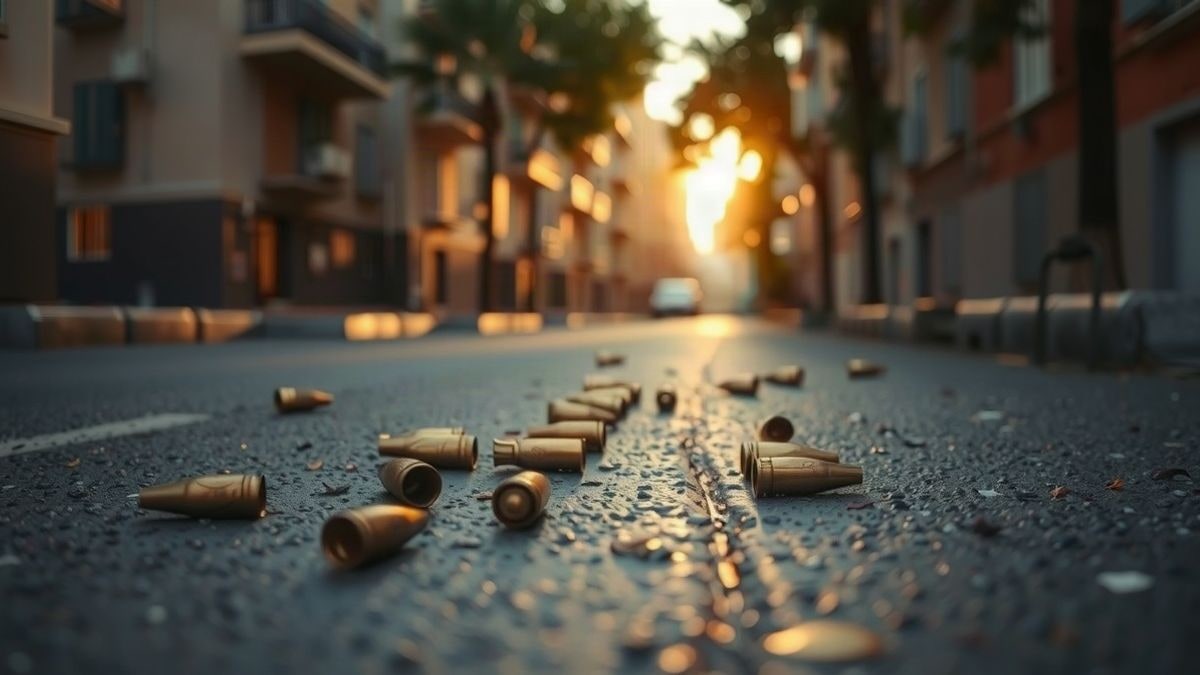 Illustrative image: bullet casings on the asphalt of a residential street at dawn, with blurred facades in the background