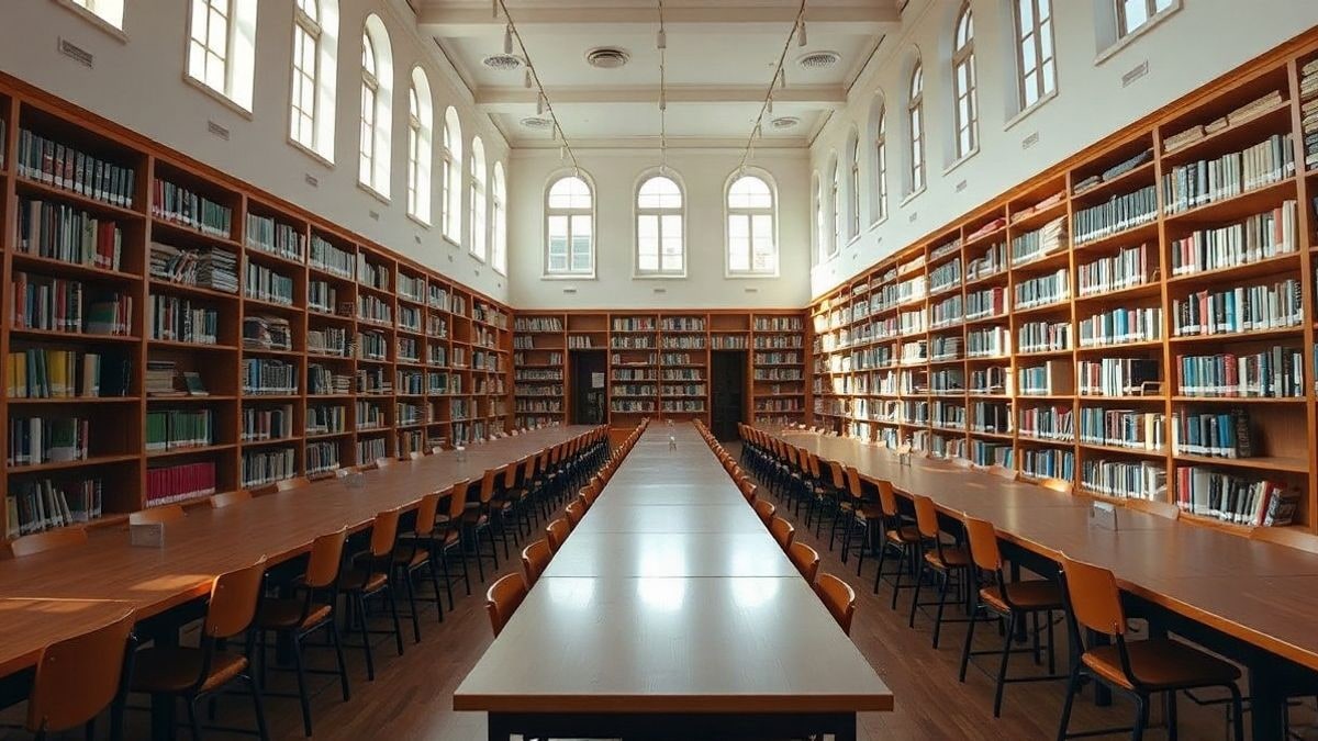 Imagen ilustrativa: sala de estudio con mesas y estanterías en perspectiva