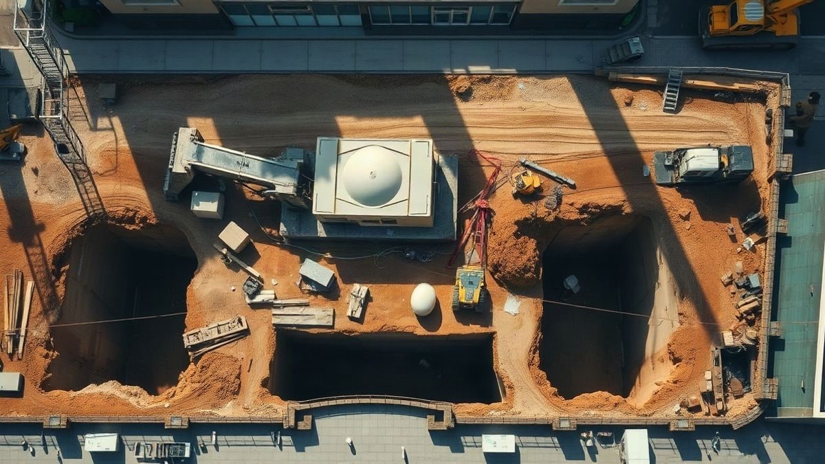 Imagen ilustrativa: vista cenital de una gran obra urbana con maquinaria y cimientos