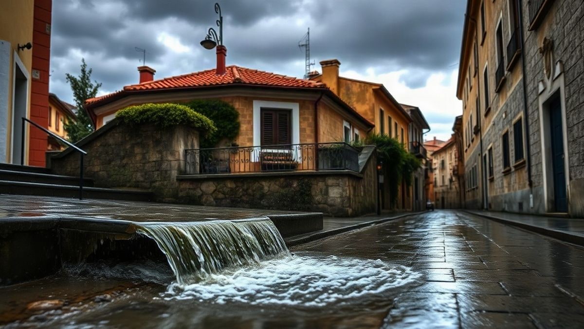 Imagen ilustrativa: calle de un pueblo mediterráneo bajo la lluvia intensa, con agua corriendo por el pavimento