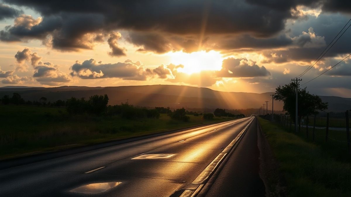 Imagen ilustrativa: carretera rural bajo nubes de tormenta al atardecer con charcos de agua