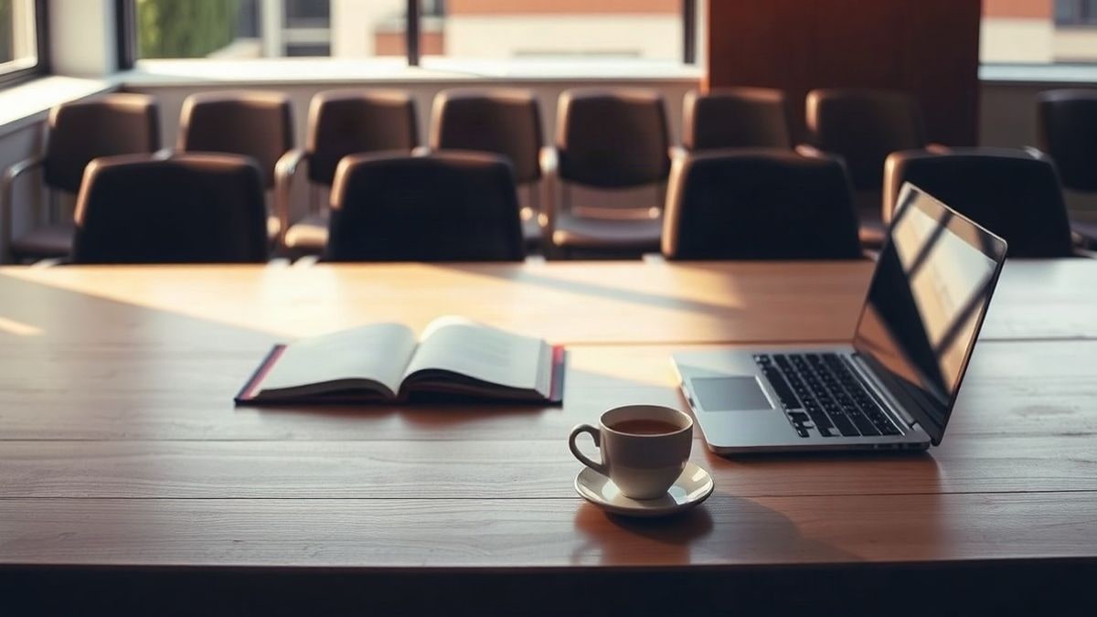 Illustrative image: wooden meeting room table illuminated by a side window, with a closed laptop and a notebook