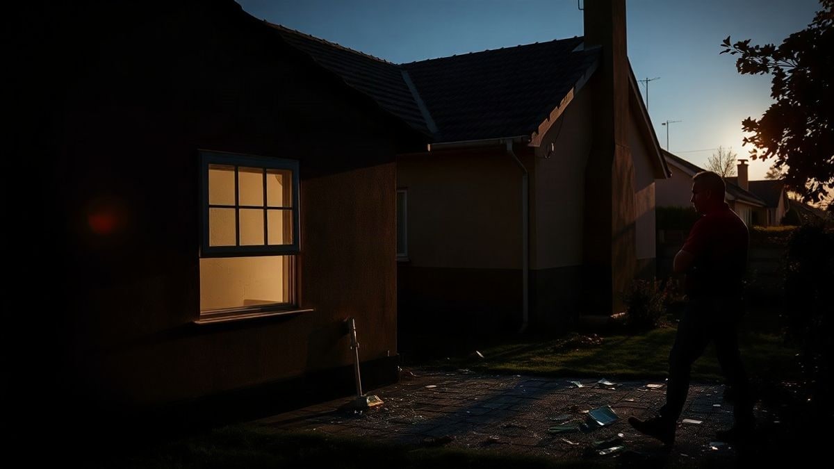 Illustrative image: a suburban house at sunset with a broken window and glass on the ground