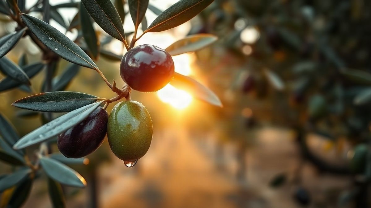 Imagen ilustrativa: primer plano de una rama de olivo con aceitunas y gotas de agua al atardecer