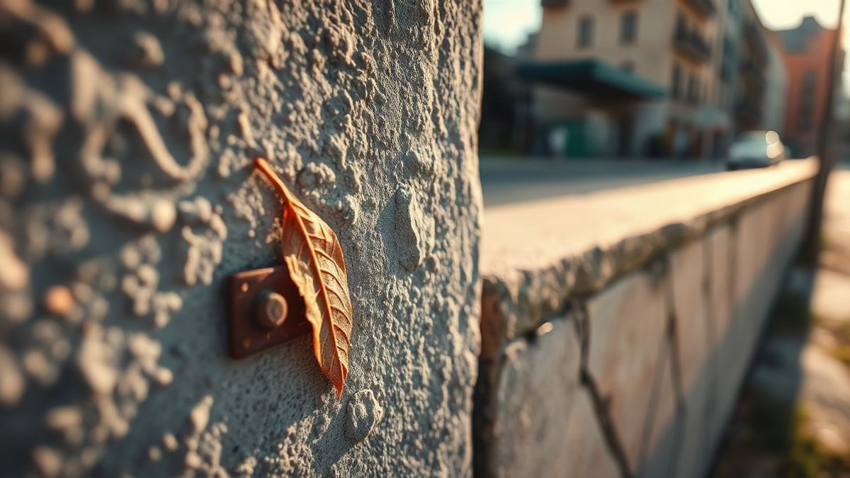 Illustrative image: detail of an aged concrete wall with a rusted metal piece backlit