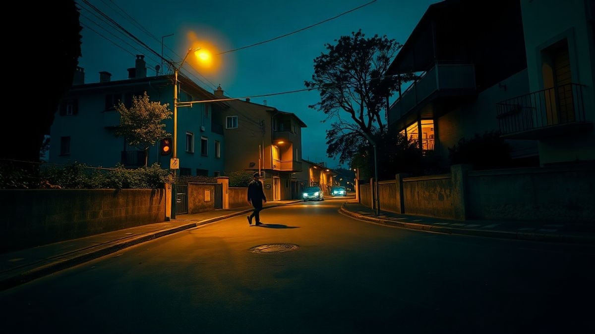 Imagen ilustrativa: calle residencial nocturna con una figura lejana de policía bajo una farola