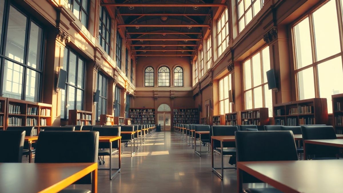 Imagen ilustrativa: sala de lectura de una biblioteca pública vacía con mesas y sillas alineadas