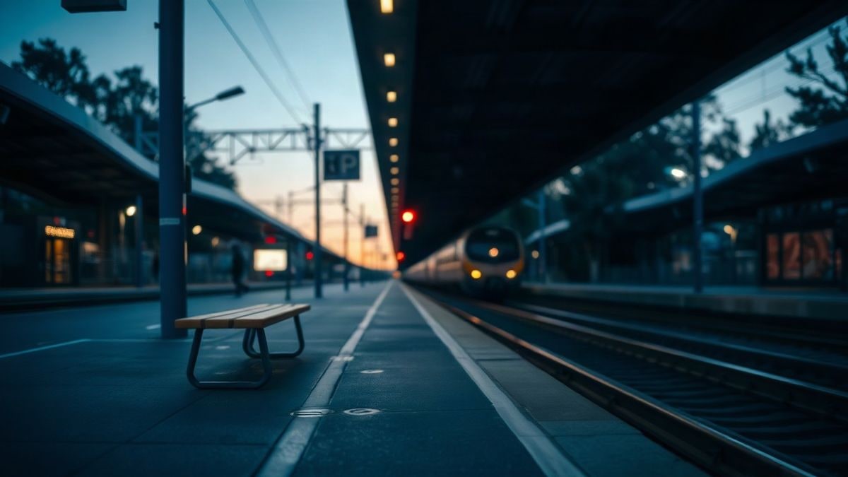 Imagen ilustrativa: andén de tren vacío al atardecer con luces y sombras alargadas