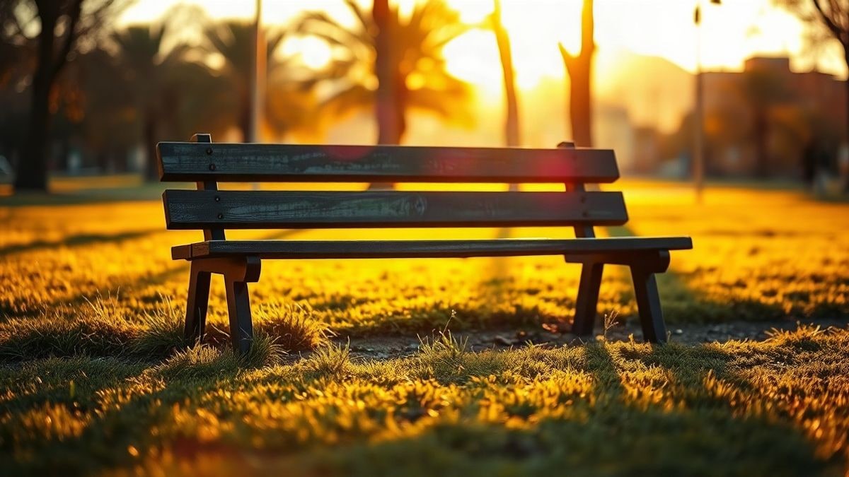 Illustrative image: empty wooden bench in a park at sunset, with long shadows and golden backlight