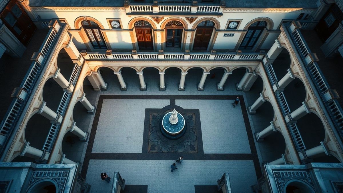 Illustrative image: aerial view of a Spanish institutional courtyard with stone arches and a fountain, no people