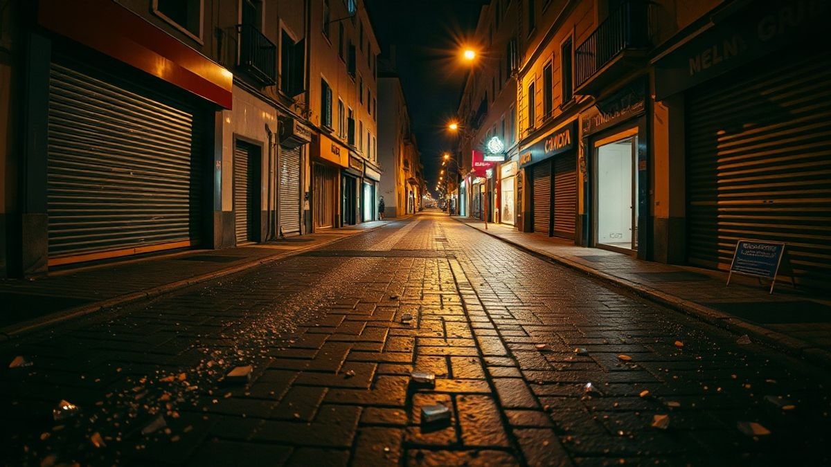 Imagen ilustrativa: calle nocturna iluminada por farolas, con escaparates cerrados y cristales rotos en el suelo mojado