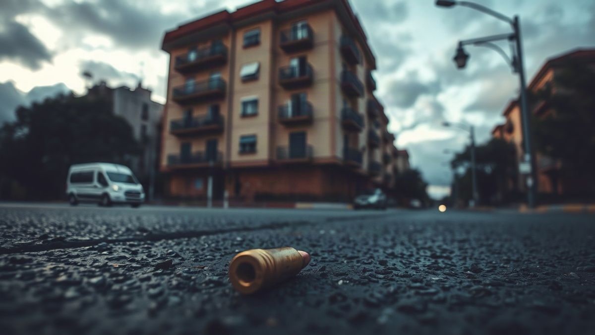 Imagen ilustrativa: casquillo metálico sobre el asfalto mojado de una calle vacía al atardecer, con edificios desenfocados al fondo