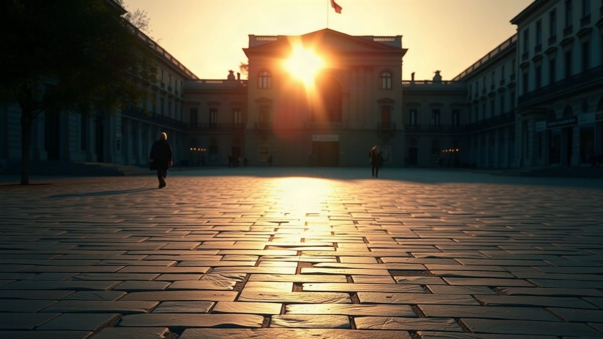Imagen ilustrativa: plaza urbana al atardecer con sombras largas y luz de contraluz sobre un edificio señorial
