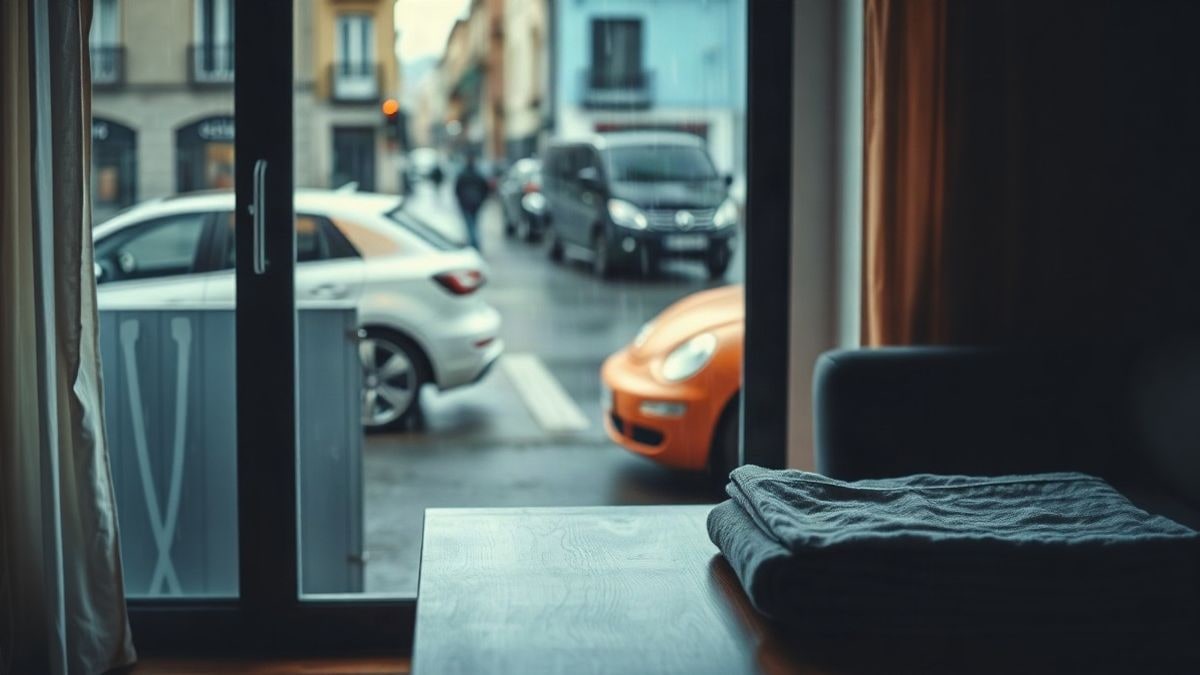 Illustrative image: room with side window light and rain sliding down the glass, with the soaked street blurred in the background.